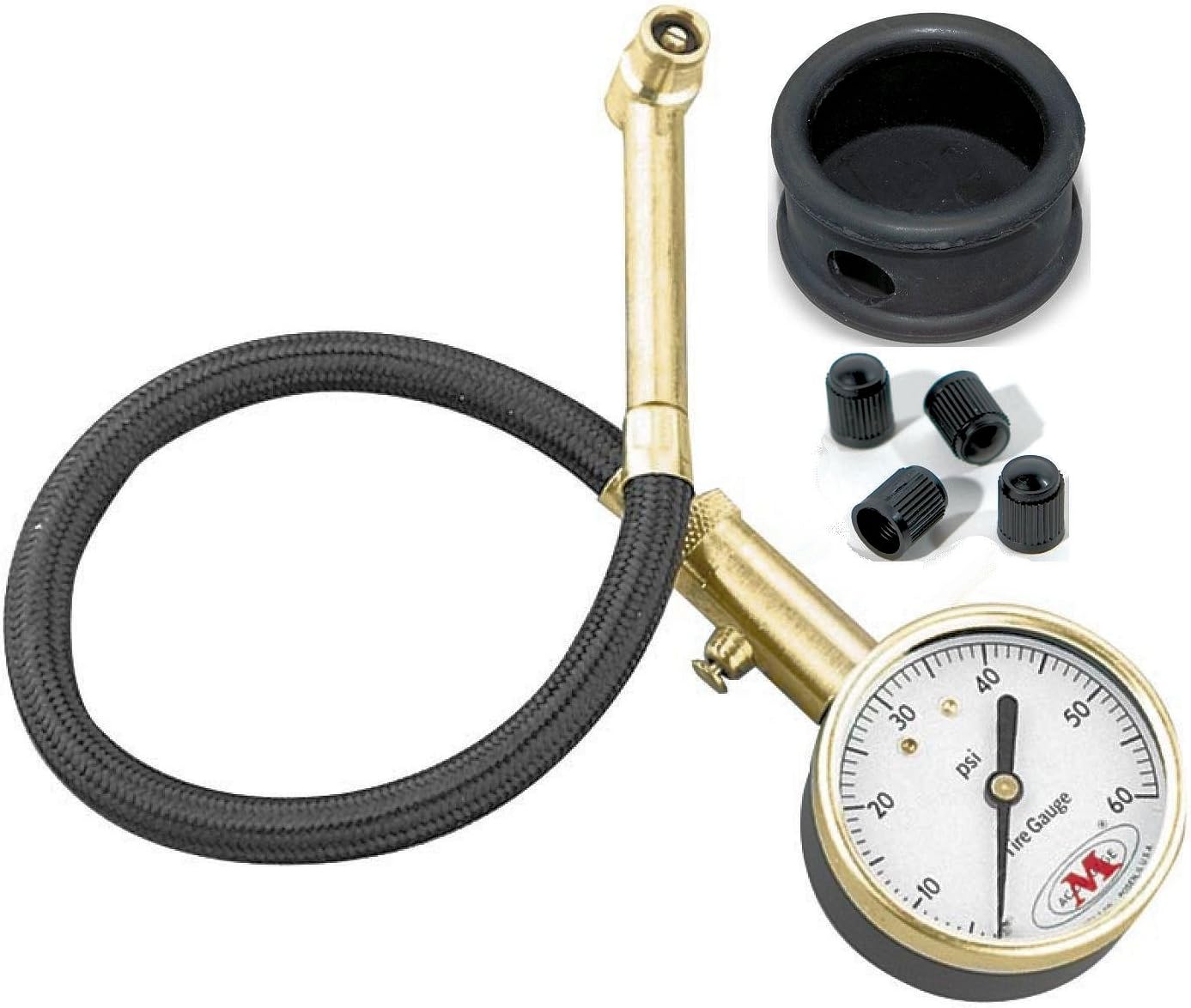 Accu-Gage Professional Tire Pressure Gauge RA60X With 4 Valve Stem Caps and Rubber Shock Absorber Cover