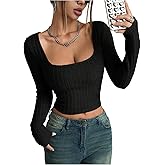 SOLY HUX Women's Long Sleeve Crop Tops Y2k Square Neck Ribbed Knit Going Out T Shirts