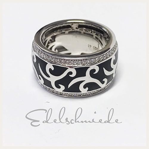 breiter Bandring 925/- Silber rhod mit Zirkonias + schwarzem Lack #53