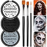YBUETE Black White Grey Oil Based Face Paint Kit with Painting Brushes, Professional Full Coverage Greasepaint Halloween Face Painting Kit for Adult Cosplay Skeleton Monster Carnival Makeup
