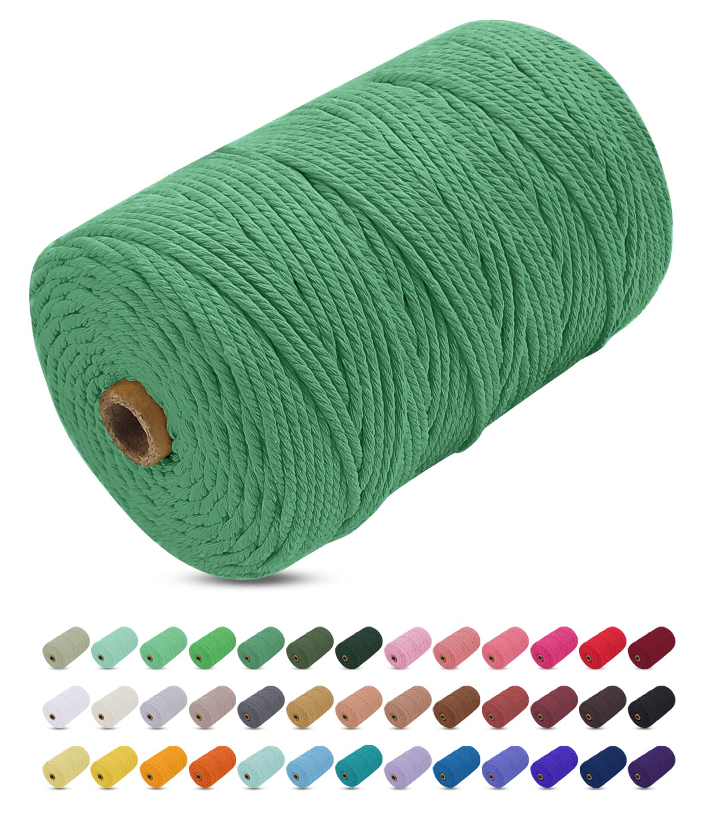 Uiopa Macrame Cord 3mm x 200m, Thick Macrame Rope Yarn Soft Natural Cotton Cord, Coloured 4-Ply Macrame String for DIY Craft, Plant Hangers, Wall Hanging, Christmas Decorations (Green)
