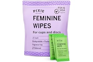 PIXIE CUP Pixie Menstrual Cup Wipes - Flushable, Biodegradable, pH Balanced & Unscented - Individually Wrapped Wipes for Feminine Care, On The Go & Public Bathrooms - Clean Your Menstrual Cup & Disc (20 Count)