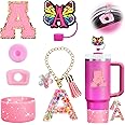 Mity rain 6PCS Cup Accessories Set for Stanley Cup 30oz 40oz, Tumbler Initials Decorations for Stanley, Including Silicone Straw Cover Cap and Boot, Spill Proof Stopper, Handle Charm, Sticker,Letter A