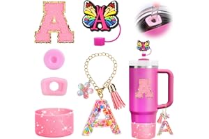 Mity rain 6PCS Cup Accessories Set for Stanley Cup 30oz 40oz, Tumbler Initials Decorations for Stanley, Including Silicone Straw Cover Cap and Boot, Spill Proof Stopper, Handle Charm, Sticker,Letter A