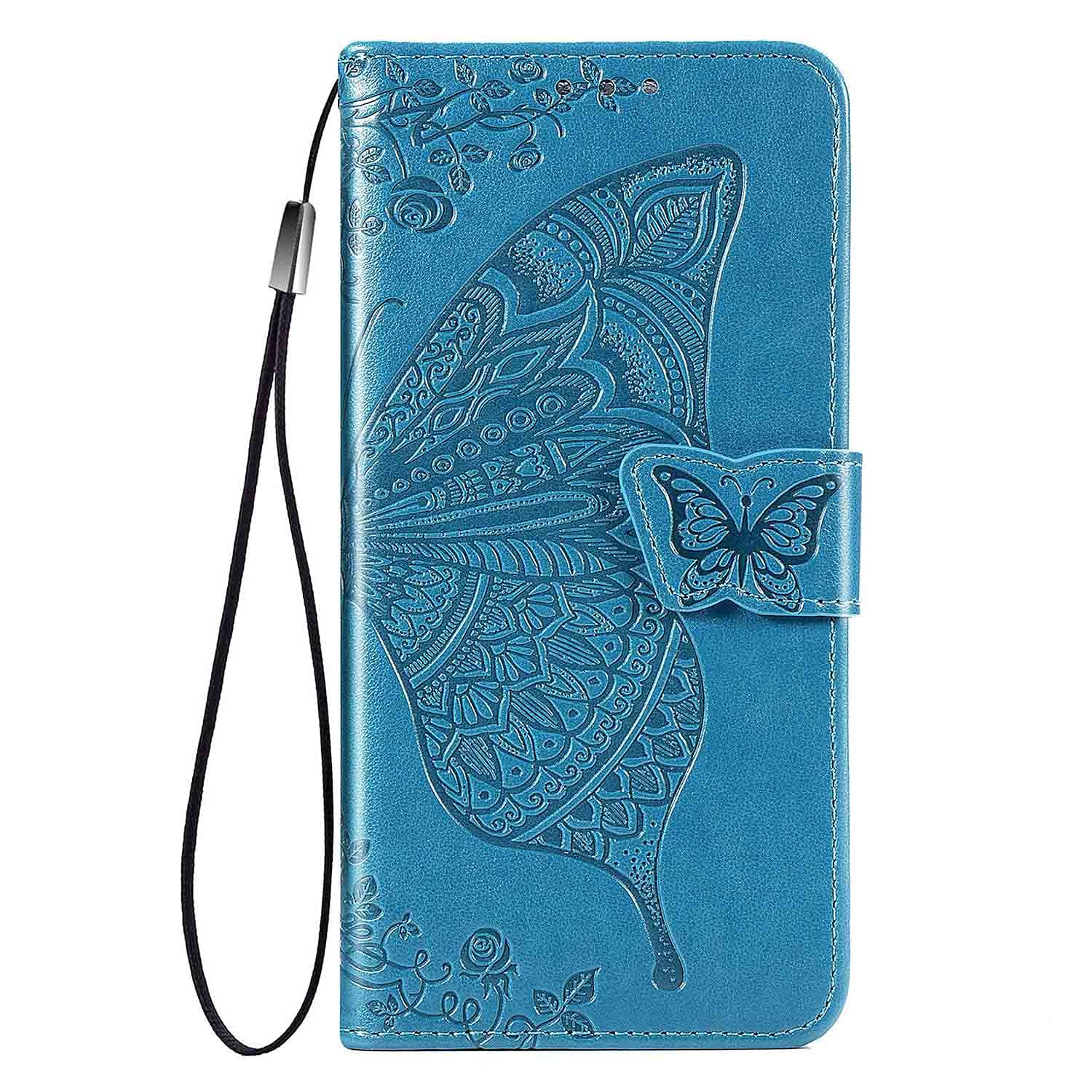 WBWONE Leather Flip Cover for Huawei Honor 200 Case, Butterfly Embossing Magnetic Closure Protection Shell Bumper Wallet with [Card Slots]& [Kickstand]. Blue