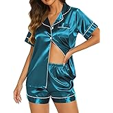 Ekouaer Silk Pajamas for Women Short Sleeve Sleepwear Soft Button Down Loungewear 2 Piece Satin Pjs Shorts Set