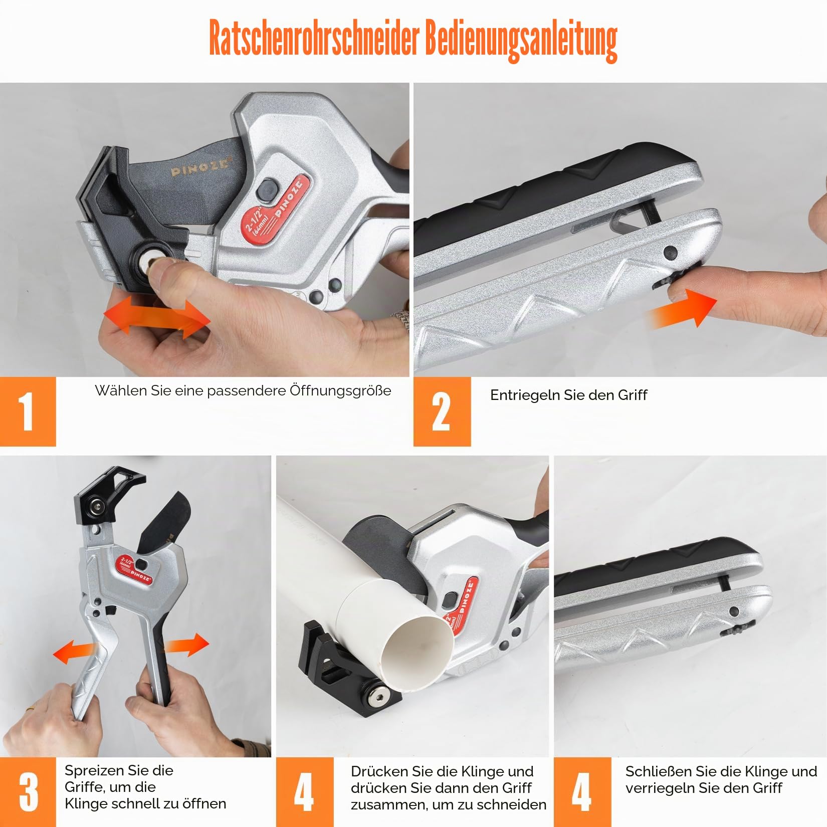 PINOZE PVC-Rohrschneider, 3-Gang-Einstellung, Schnitt bis zu 63 mm, Ratschen-Rohrschneider-Werkzeug, robust für PVC, PPR, PE, PEX, Kunststoffschläuche und Sanitärrohre mit Teflon-SK5-Klinge 6