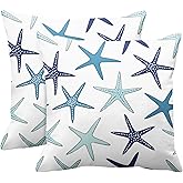 Emvency Set of 2 Throw Pillow Covers Beach Ocean Coastal Green and Blue Starfish Decorative Pillow Cases Home Decor Standard Square 18x18 Inches Summer White Pillowcases