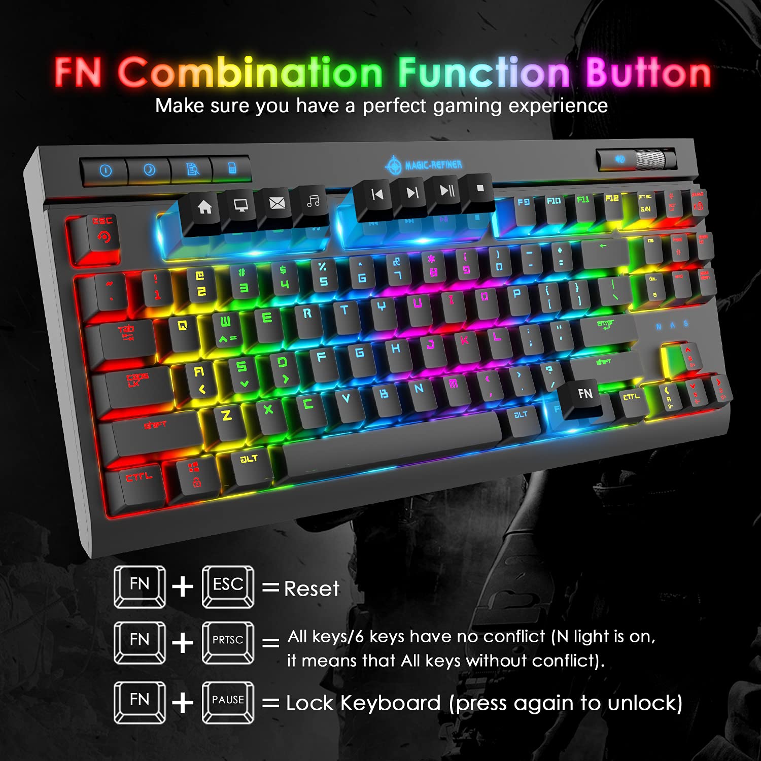 ZIYOU LANG Mechanical Gaming Keyboard,87 Keys Chroma RGB LED Backlit,Black Computer Keyboard,PU Wrist Rest,Multimedia Keys,Anti-ghosting Keys,Waterproof Light Up USB Wired Keyboard for PC Mac Xbox