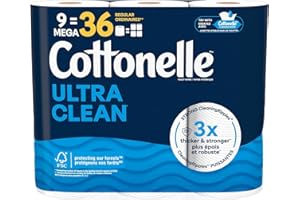 Cottonelle Toilet Paper, 9 Mega Rolls = 36 Regular Rolls, Ultra Clean, Strong Bathroom Tissue, 284 Sheets per Roll, Packaging