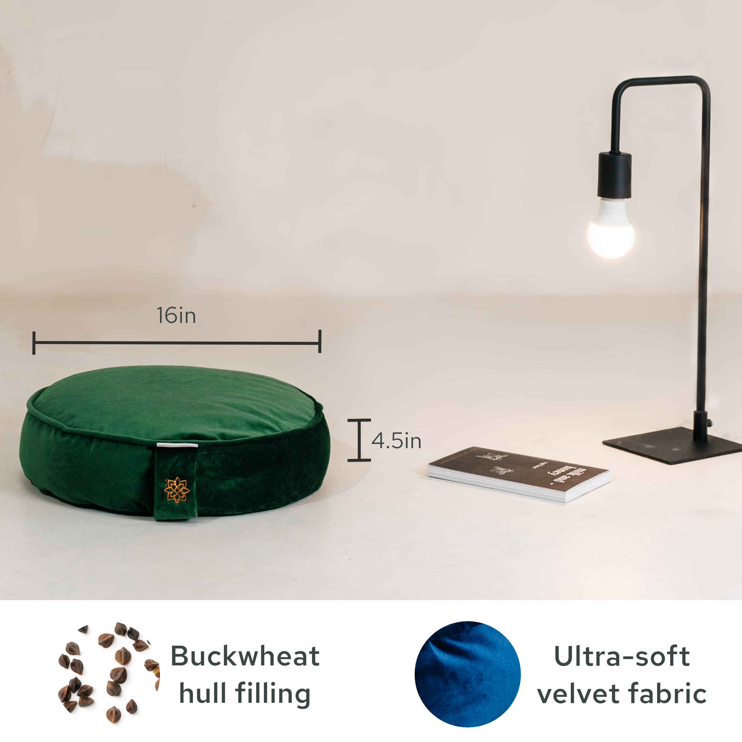 Mindful & Modern Velvet Meditation Cushion | Luxe Zafu Yoga Floor Pillow Seat | Posture Support | Buckwheat Hull Filled | Large Round Cushion with Removable Washable Cover + Carry Handle | Color Green - Image 6