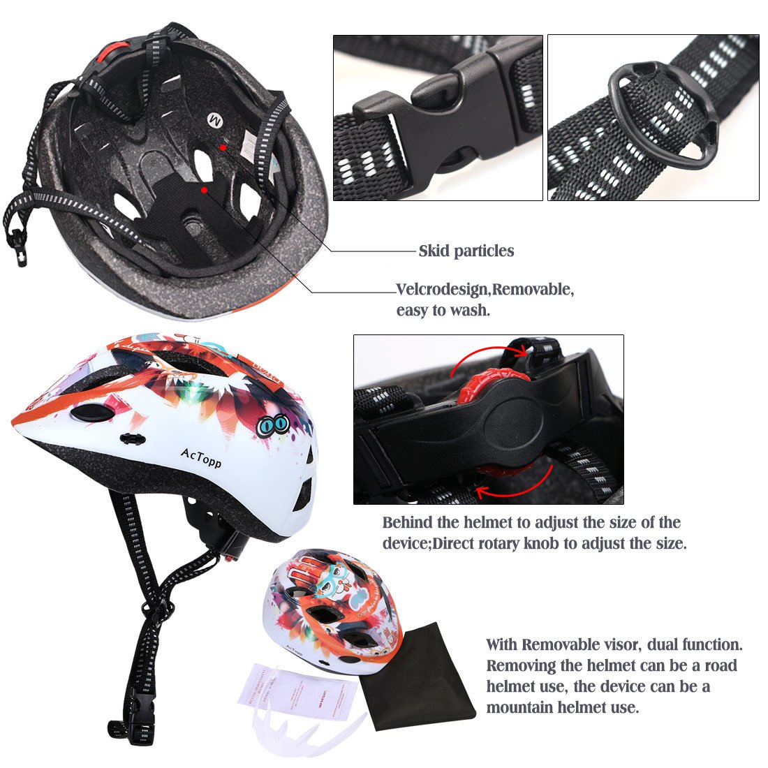 AcTopp Child Bike Helmet, Safety Adjustable Ultralight MTB/Road/Motorcycle Helmets with Removable Visor, Multi Vents and Inner Padding Chin Protector (Black&Red 2)