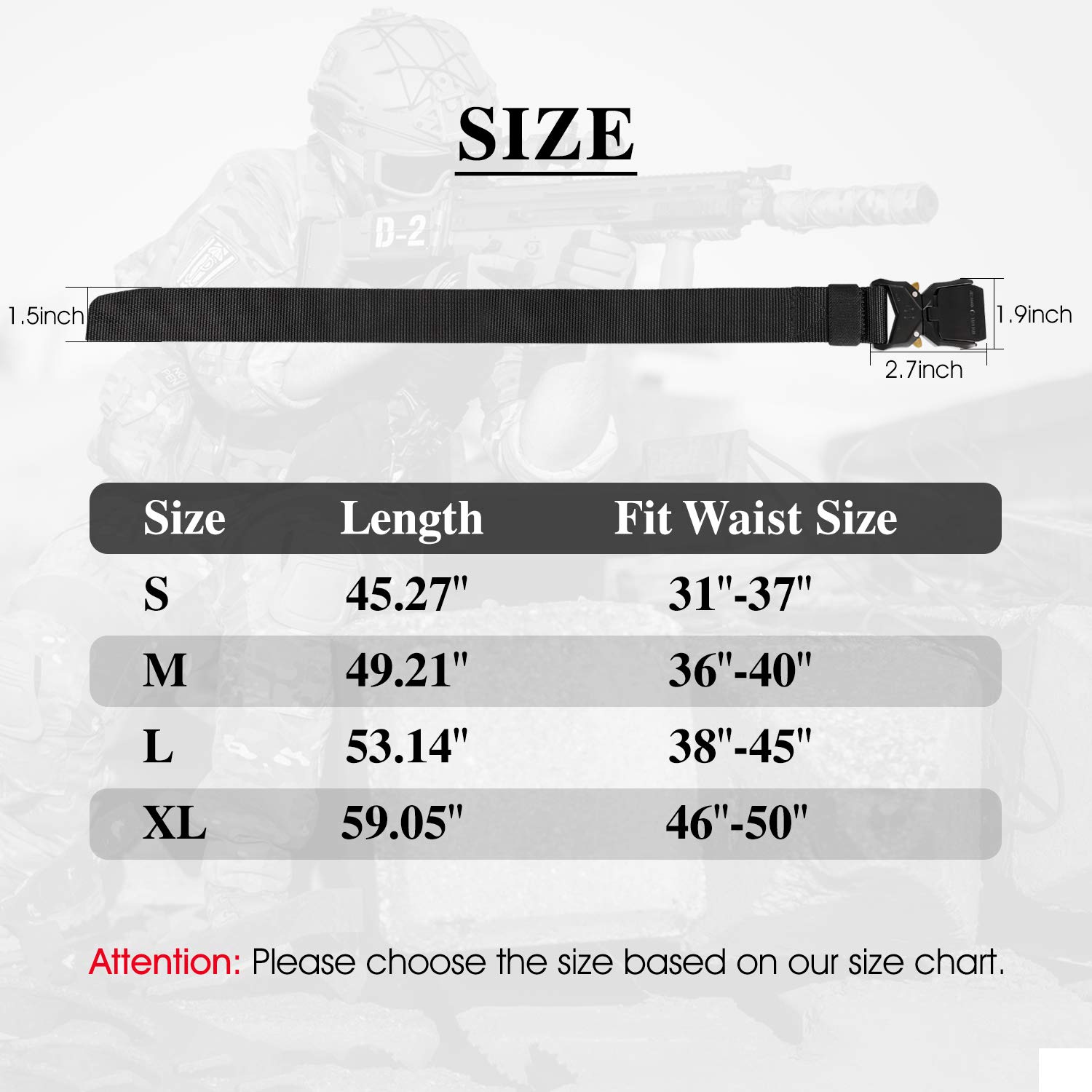 JASGOOD Men Tactical Belt, Black Military Style Webbing Rigger Web Belt Heavy Duty Work Belt with Quick Release Buckle (Black,Waist Size 31-37Inch)