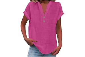 Linen Shirts for Women V Neck Button Up Shirt Short Sleeve Loose Fit Lightweight Blouses Casual Summer Beach T-Shirt