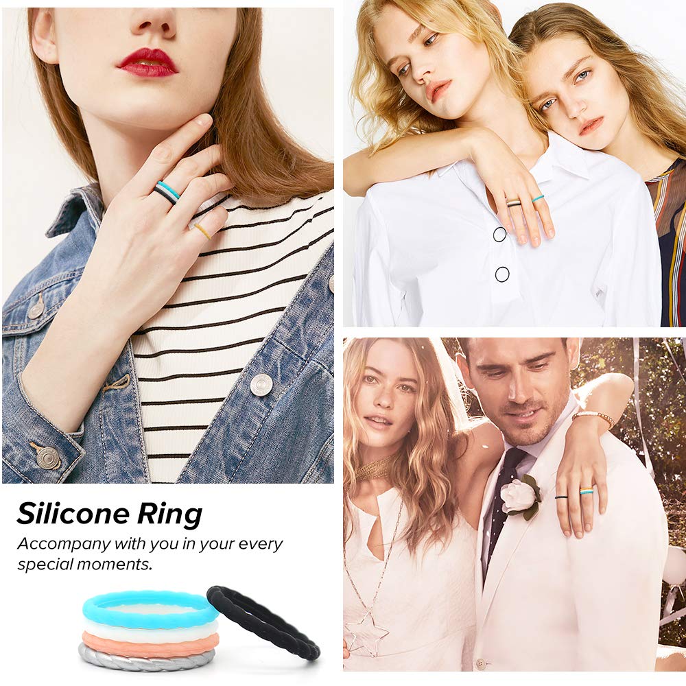 CLAN-X Silicone Wedding Rings, 8 Pack Comfortable Stackable Single Thin Rubber Bands 2.7mm Width, for Anniversary, Valentines &Birthday (Pink/Black/White/Mint Green/Silver, 5)