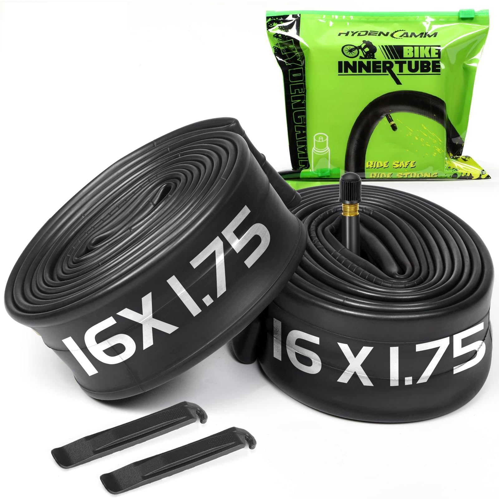 Photo 1 of 2 Pack 16" Kids Bike Inner Tubes Fit 1.75/1.95/2.125 with 32mm Schrader Valve, 16'' x 1.75/2.125 Tyre Tube with 2PCS Levers, 16'' Bike Tube Compatible with Kids/Road Bikes by Hydencamm (2 of One Size)