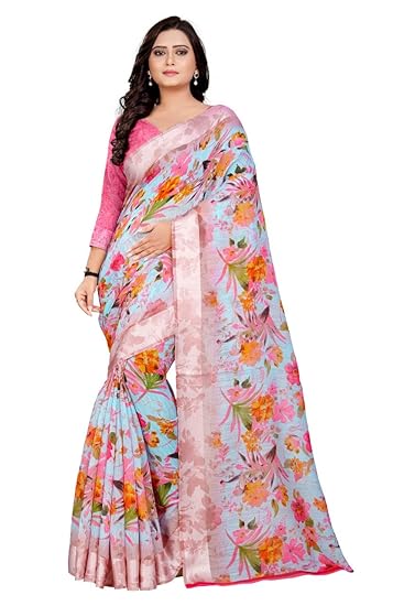 Womens Floral Printed Linen Cotton Silk Saree (cool-line-1001)