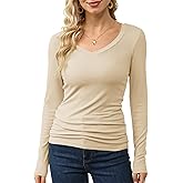 GEMBERA Women’s V Neck Ribbed Knit Long Sleeve Tops Casual Slim Fitted Basic Shirts
