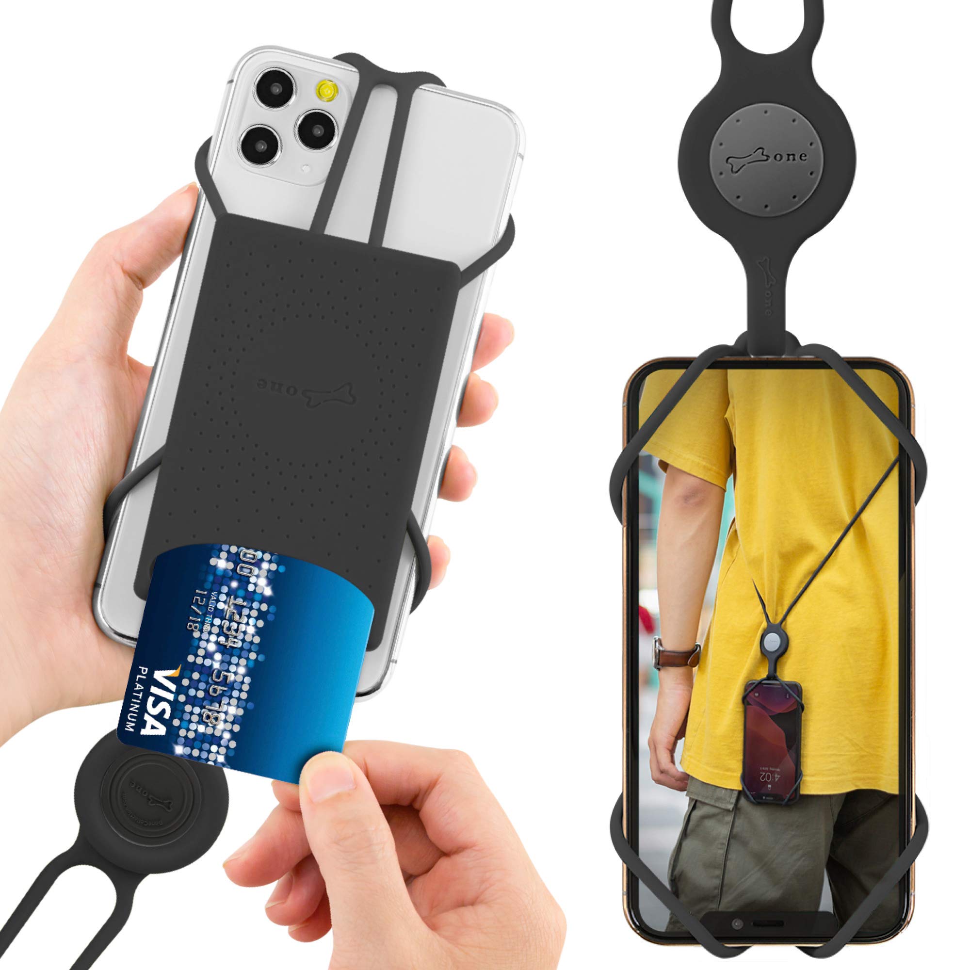 Bone Crossbody Lanyard Phone Tie 2 with Card Holder, Universal Anti-Lost Crossbody Phone Lanyard Case, Fits Phones from 4-6.7" (Black)