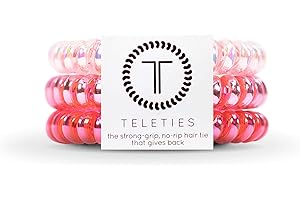 TELETIES - Spiral Hair Coils - Ponytail Holder Hair Ties for Women - Phone Cord Hair Ties - Strong Grip, No Rip, Water Resistant, No Crease Hair Tie Coils - 3 pack (Small, Think Pink)