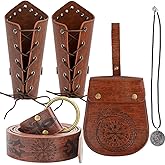 Renaissance Accessories Viking Set—4pcs Faux Leather Belt, Bracers, Pouch & Necklace Perfect for Renaissance Costume Men & Women Medieval Theme Halloween Renaissance Cosplay