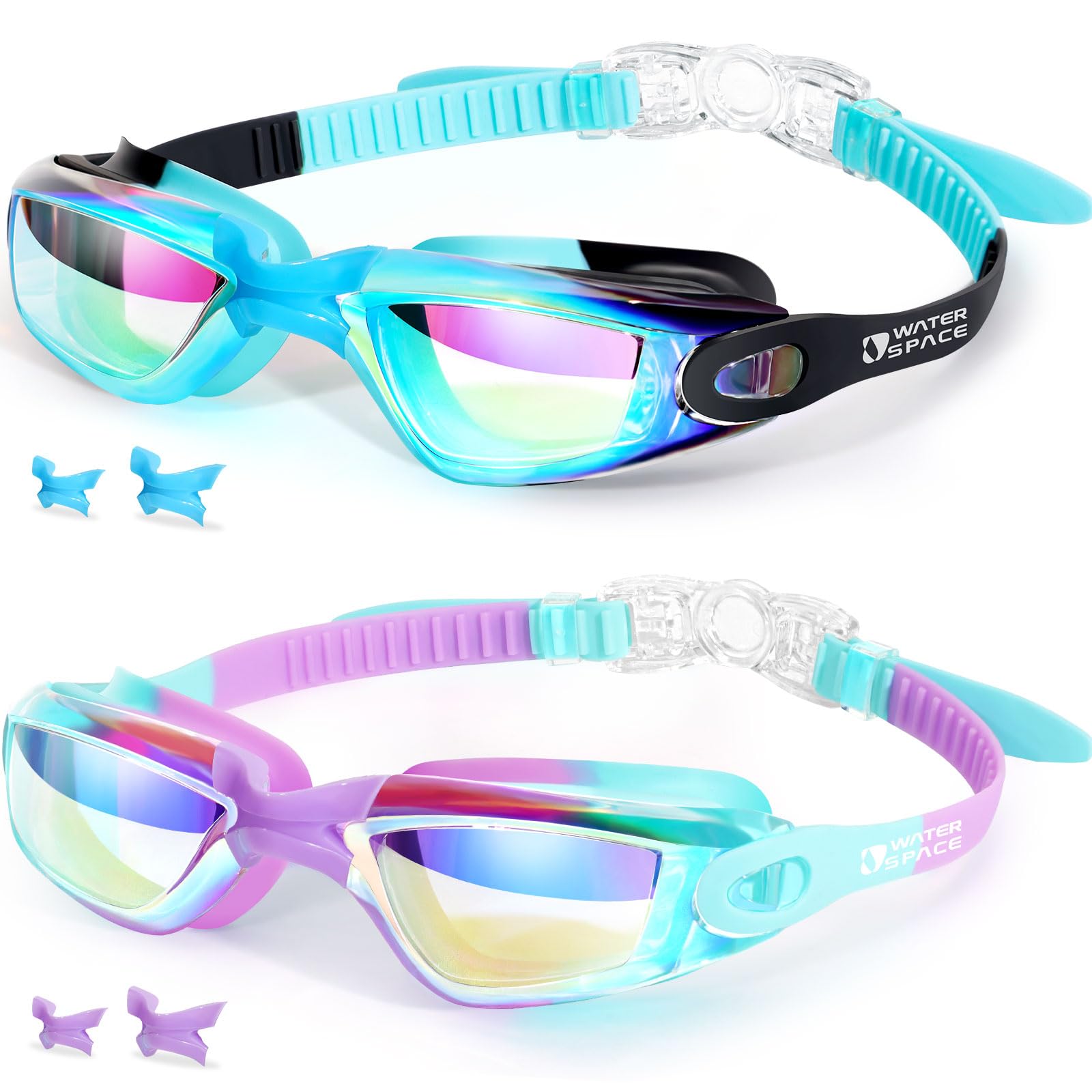 Water Space Kids Swimming Goggles, 2 Packs Swimming Goggles for Kids 3-14, Boys Girls Children Colored Swim Goggles Anti Fog,UV Protection,No Leaking