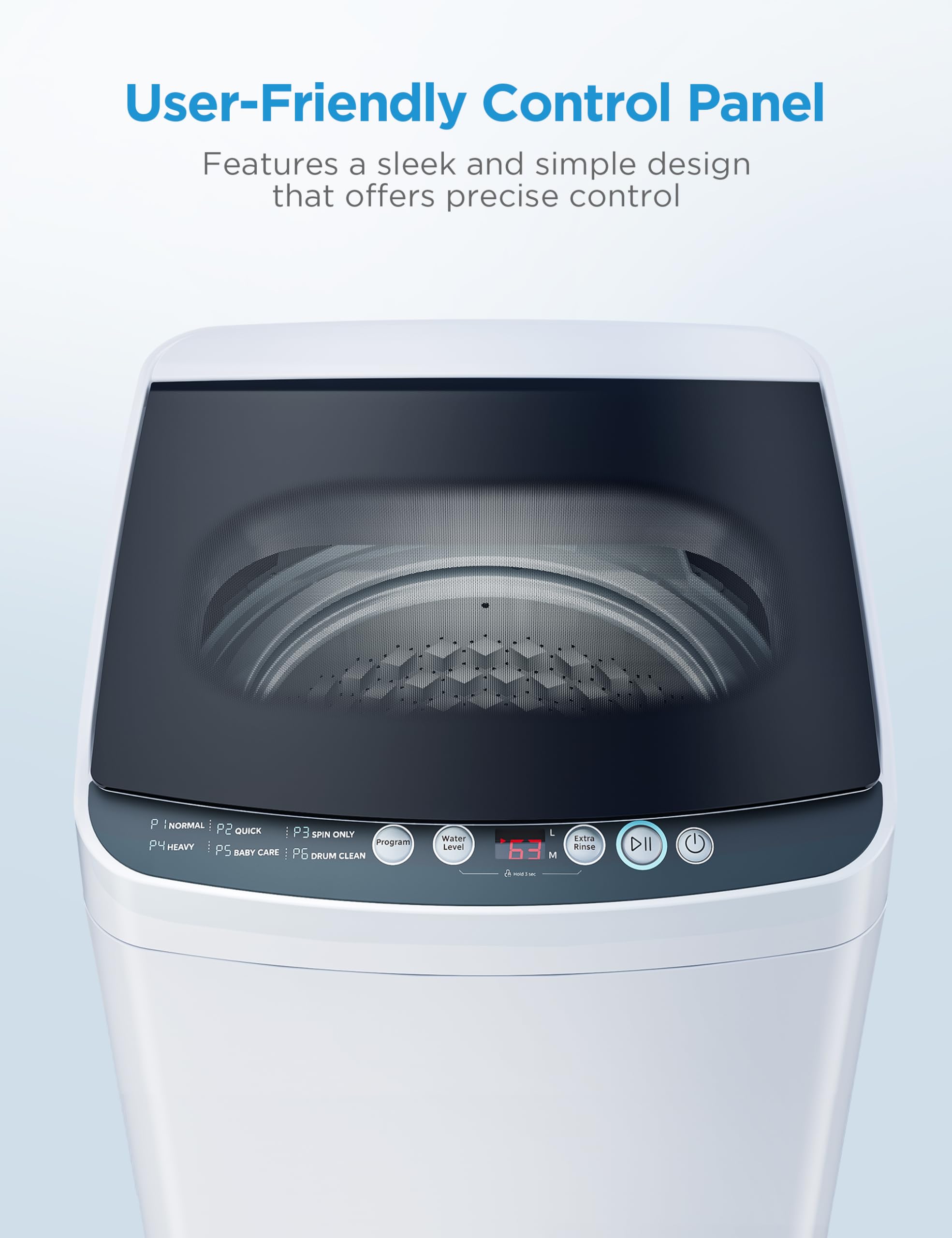 Midea MLTW09M1BWW Portable Washer with 6 Cycles, Drum Clean, Quick, Stainless Steel Tub, Transparent Lid, LED Display Washing Machine, 0.9 cu. ft, White