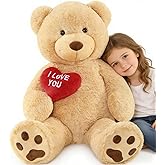 BENINY Red Heart Giant Teddy Bears, Brown Big Teddy Bear Stuffed Animals with Embroidered I Love You for Girlfriend, Large Valentines Fluffy Teddy Bear Birthday Gifts 36 inch