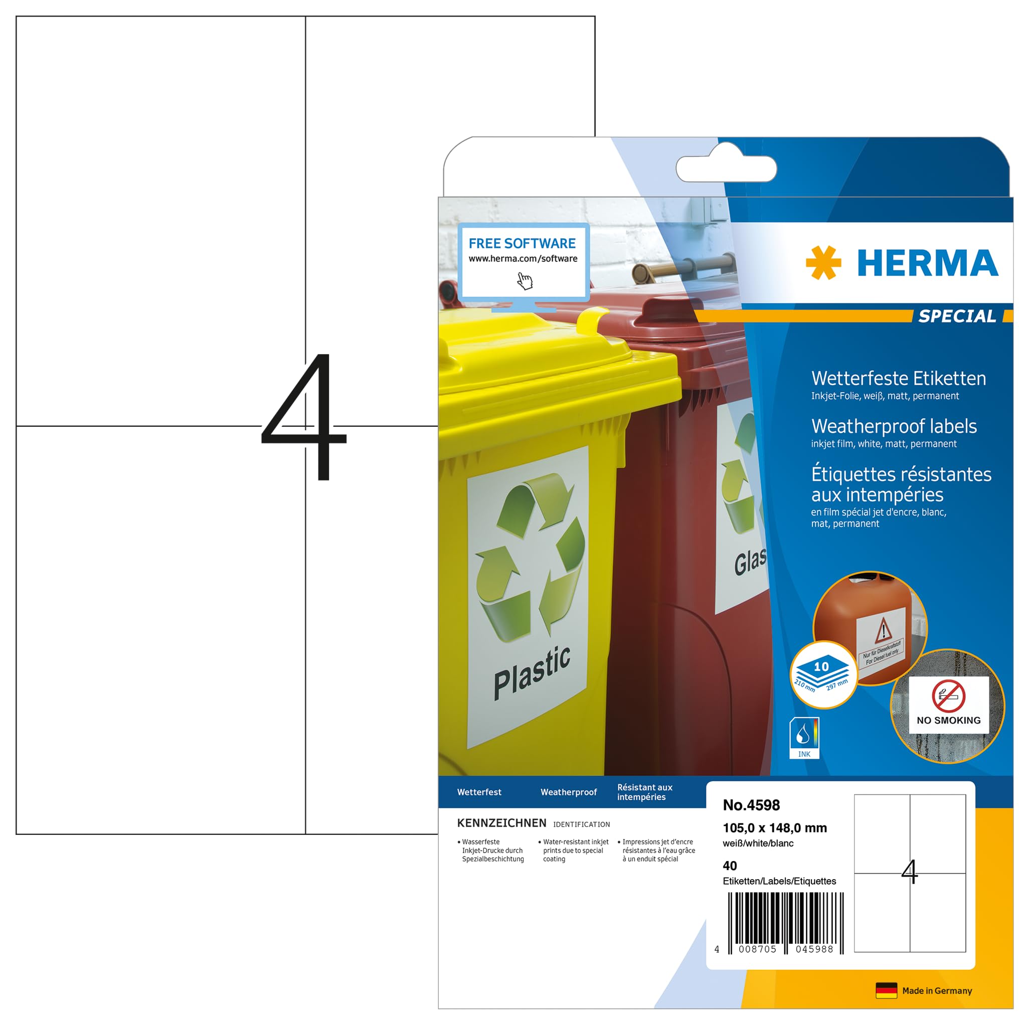 HERMA Self Adhesive Inkjet Labels, 4 Labels per A4 Sheet, 10 Sheets, 105 x 148 mm, 40 Labels, Blank Weatherproof Film Labels Stickers, Sticky Labels for Inkjet Printer, White
