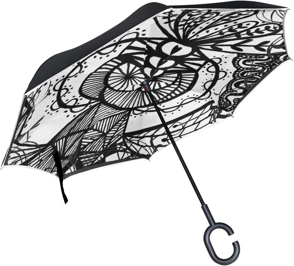 DNOVING Double Layer Inverted Page Template Abstract White Black Pen Umbrellas Reverse Folding Umbrella Windproof Uv Protection Big Straight Umbrella For Car Rain Outdoor With C-shaped Handle