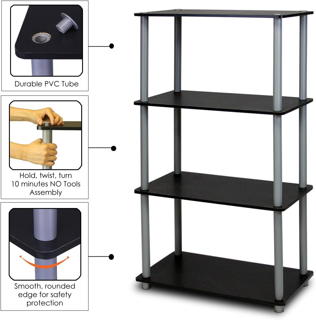 Furinno (99557BK/GY) Turn-N-Tube 4-Tier Multipurpose Shelf Display Rack - Black/Grey: Furniture & Decor