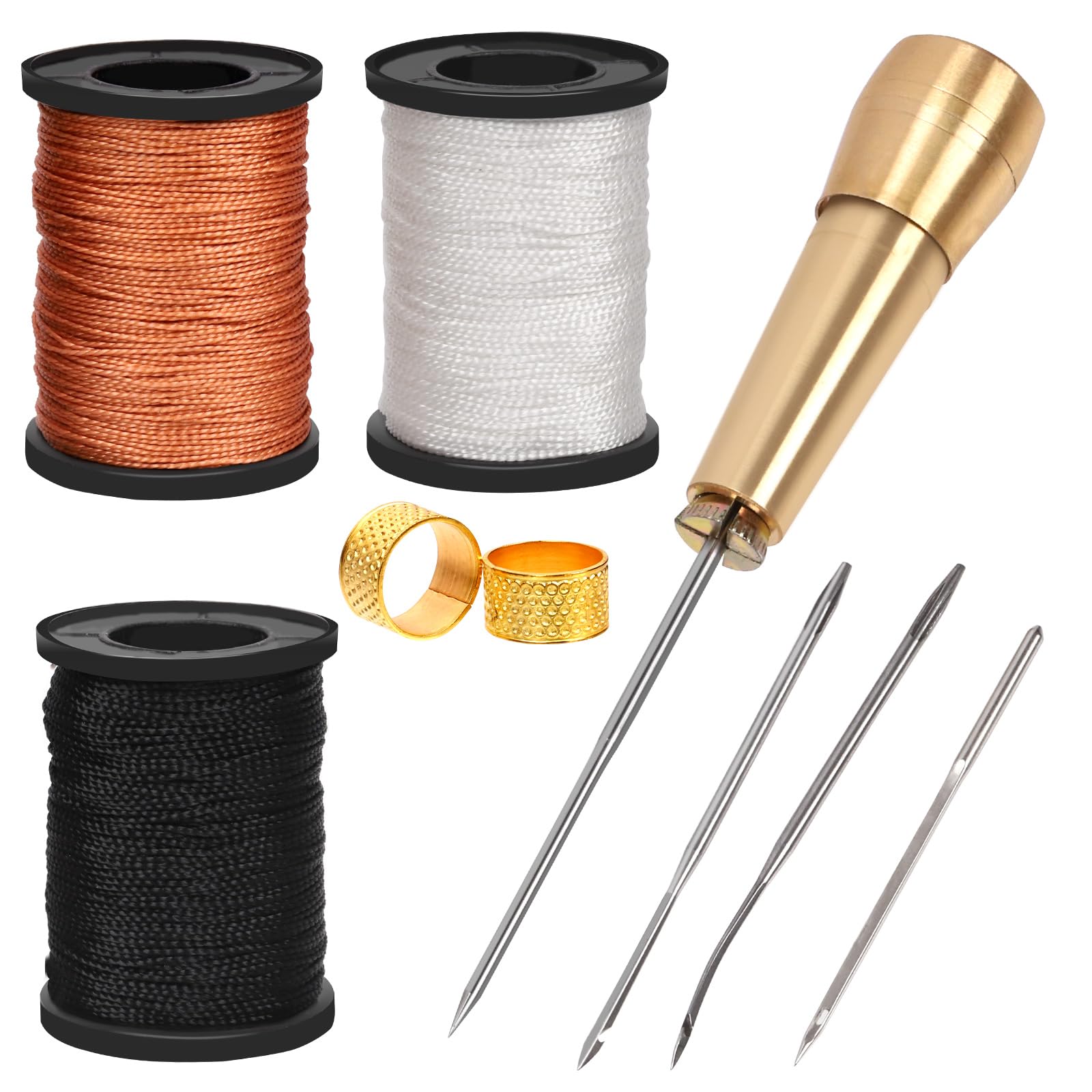 Mardatt 10pcs Leather Sewing Awl Kit Including Canvas Leather Sewing Awl Needle with Copper Handle, 3 Colors Waxed Thread and Thimble Leather Sewing Working Tools for DIY Leather Craft