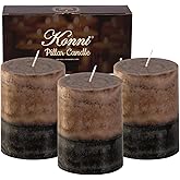 KONNI Coffee Layered Pillar Candles Set of 3, 3"x 4" Unscented Pillar Candles Bulk, 39 Hours Long Burning Candles, Smokeless&Dripless Round Candle for Wedding, Home Decoration, Parties, Spas, Dinner
