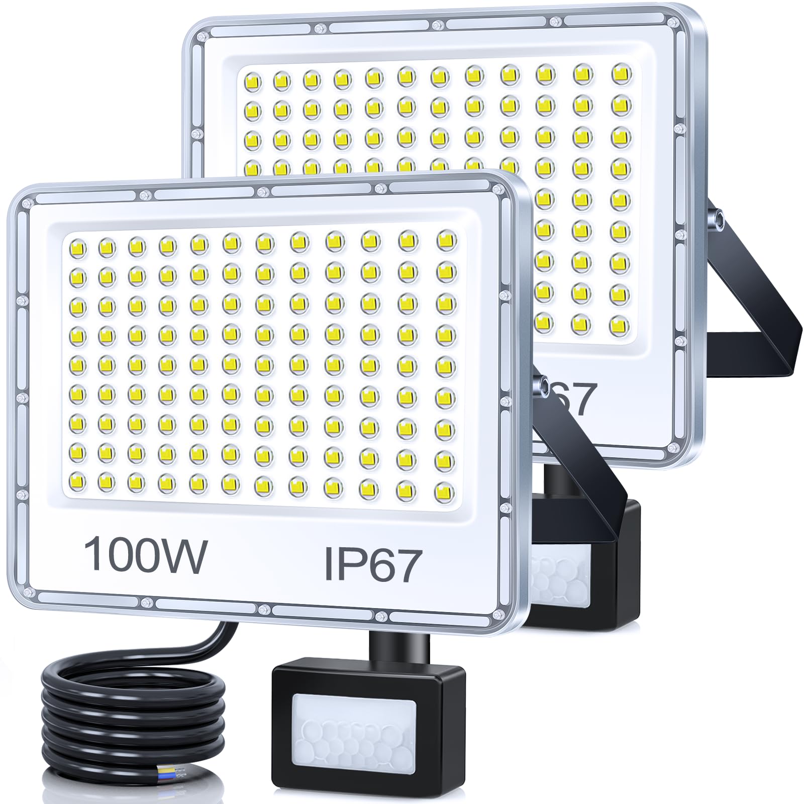 TASINUO 100W Security Lights Outdoor Motion Sensor 2 Pack, 10000LM LED Floodlight with PIR, IP67 Waterproof Flood Lights Outdoor Motion Sensor for Garden Patio Yard