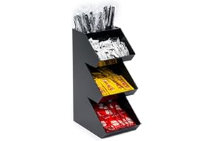 Inevibe Condiment Holder Stand - 3 Tier Compartment for Condiments, Sauce Packets, and Coffee Station Organizer for Bar, Restaurant, Cafe, Home - Black Acrylic Caddy Storage Rack