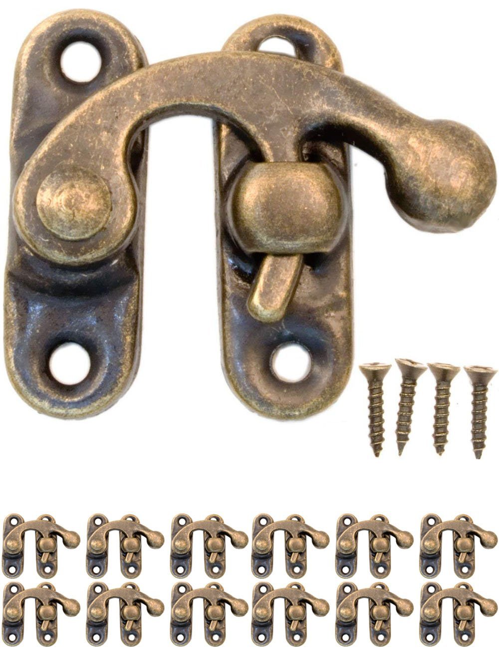 Fuxxer, 12 x Antique Locks, Snap-In Hook, bronze, iron, design, for slide, chest, boxes, cans, in vintage country retro style, 32 mm x 28 mm, inclusive suitable screws, 12 per set