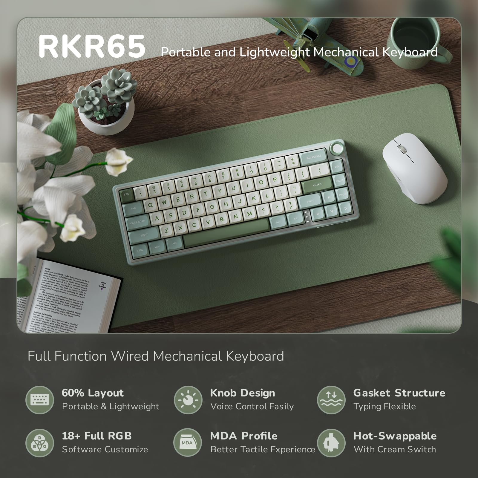 RK ROYAL KLUDGE R65 Wired Mechanical Keyboard, 60% Percent Creamy Gaming Keyboard Gasket Mount RGB Backlit with Programmable Knob, MDA Profile PBT Keycaps, QMK/VIA, Hot Swappable Linear Switch, Cyan