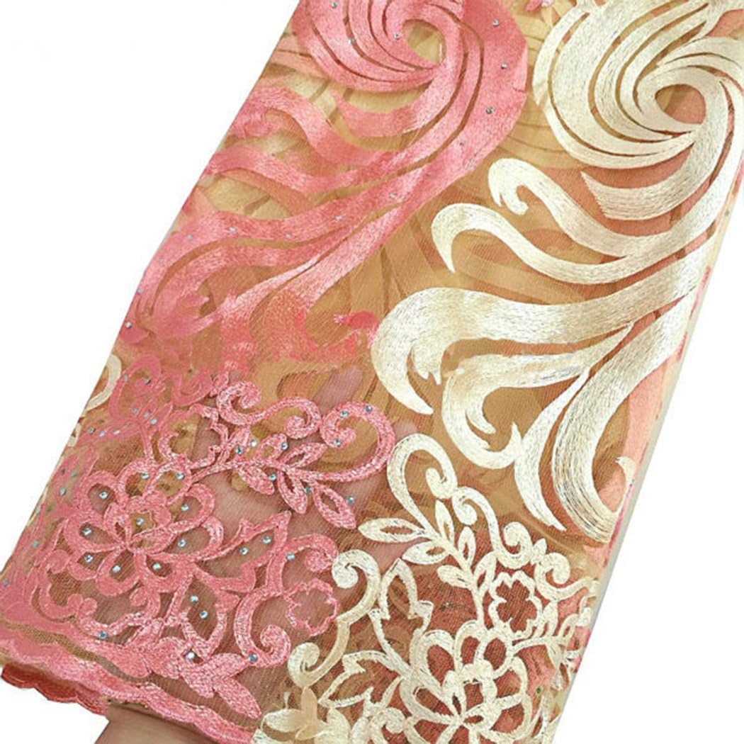 pqdaysun 5 Yards African Net Lace Fabrics Nigerian French Fabric Embroidered and Rhinestones Guipure Cord Lace fb-F50378 (Peach)
