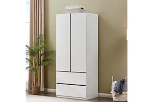 TrendTerrace 2 Door Wardrobe Armoire Cabinet, Wooden Two Drawers Tall Cabinet Closet for Large Capacity with Hanging Rod and Metal Handles for White Closet Wardrobe Cabinet 31.5" L x 20.3" W x 74.2" H