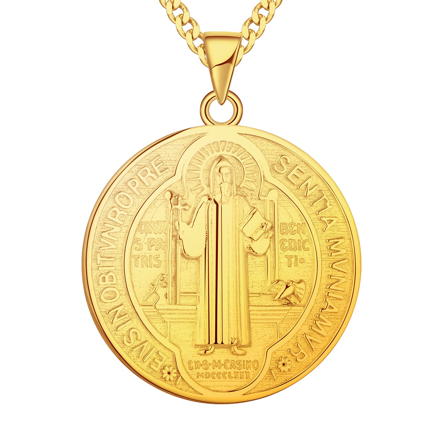 FJ 18ct Gold Plated St Benedict Necklace 925 Sterling Silver Saint Benedict Pendant Necklace NR Cross Protection Pendant Round Coin Antiqued Religious Protector Talisman Jewellery for Men Women