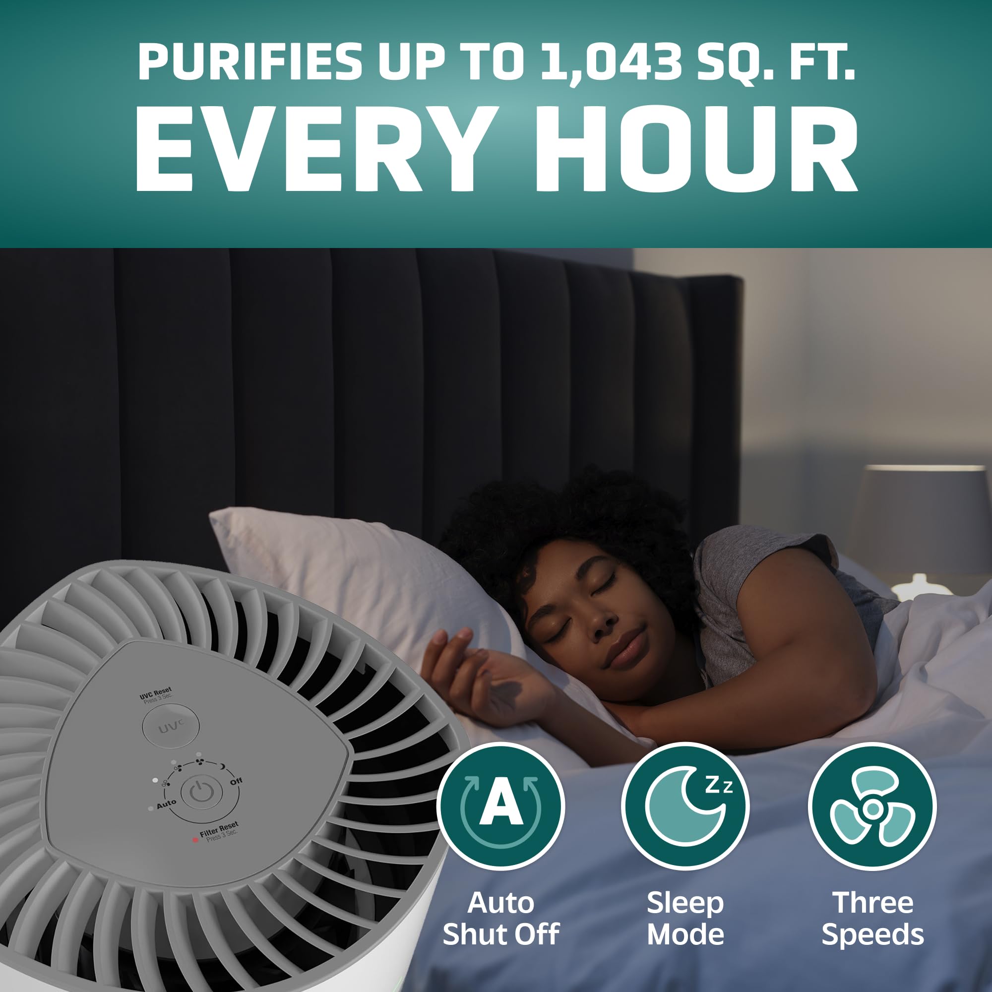 GermGuardian Airsafe+ HEPA Air Purifier for Home, Large Rooms Up To 1043 Sq. Ft. with HEPA Air Filter, UV-C Light & Air Quality Sensor, AC3000W, White