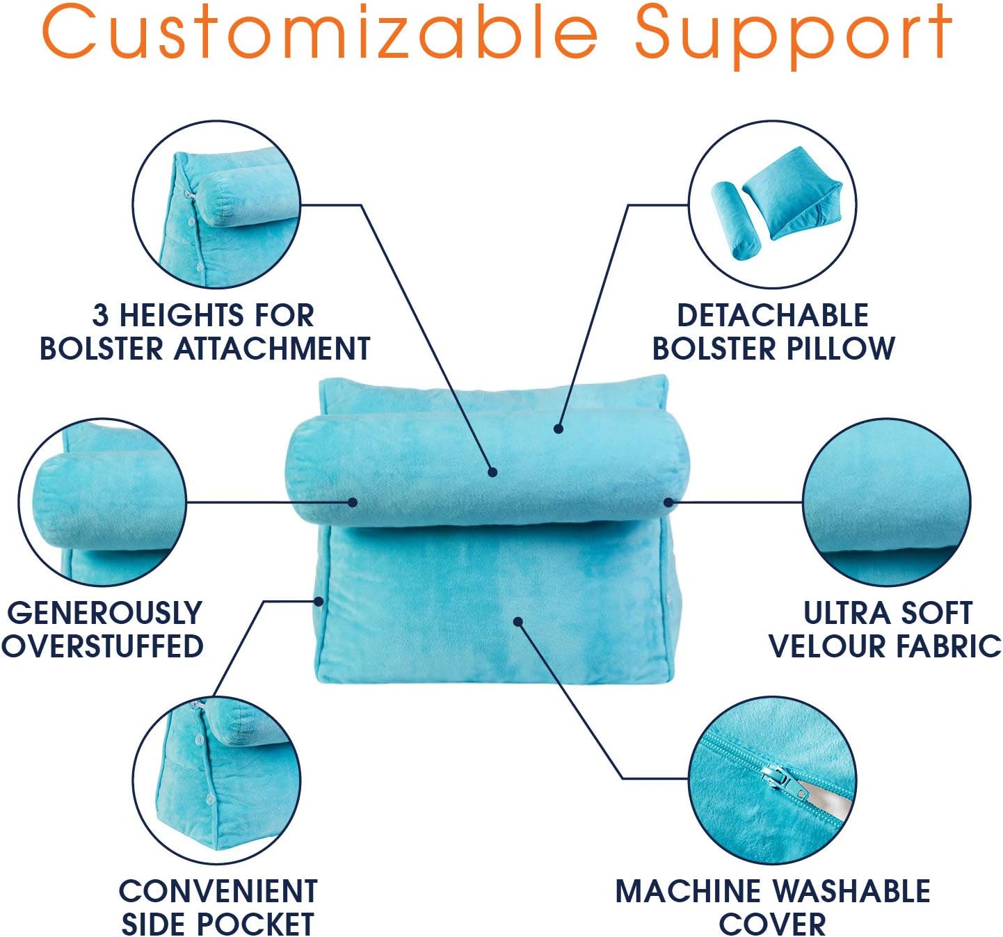 Cheer Collection Wedge Shaped Reading and TV Pillow with Adjustable Neck Pillow, Sky Blue: Home & Kitchen