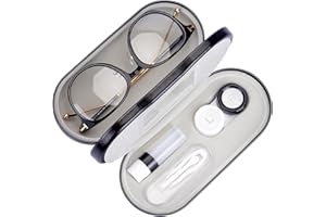 Muf 2 in 1 Double Sided Portable Contact Lens Case and Glasses Case,Dual Use Design with Built-in Mirror, Tweezer and Contact Lens Solution Bottle Included for Travel Kit, Black, 5 piece set, Dual Use