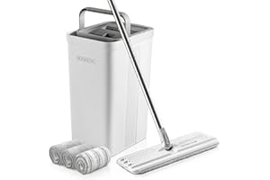 BOSHENG Mop and Bucket with Wringer Set, Flat Floor Mop and Bucket, with 3 Microfiber Mops for Floor Cleaning, Wet and Dry Use for Household Cleaning - White