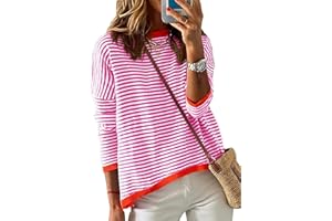 Dokotoo Womens 2024 Long Sleeve Tops Sweaters Casual Crewneck Striped Color Block Drop Shoulder Cotton Pullover Shirts