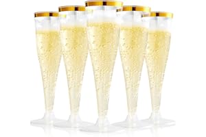 FOCUSLINE 100 Pack Plastic Champagne Flutes, 4.5 Oz Gold Rim Plastic Champagne Glasses, Disposable Clear Toasting Glasses Recyclable Champagne Cups for Wedding Party