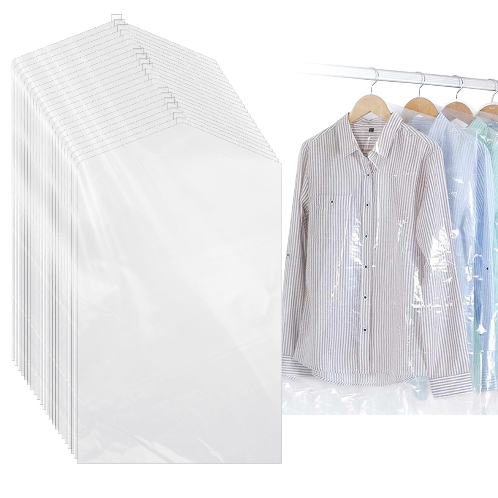 Akamino 100 Pack Clear Plastic Clothing Bags,60x90 cm Dustproof Garment Protector Covers,Waterproof Dress Bag Hanging Dry Cleaning Bags for Home Travel Men Women Shirt Jacket Suit Sweater