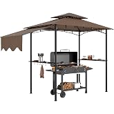 Outsunny 8' x 5' Grill Gazebo Double Tiered Side Awning 6 Hooks Brown | Outdoor BBQ Gazebo, 2 Side Shelves, for Patio, Deck, Yard