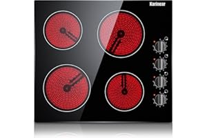 Karinear 4 Burner Electric Cooktop 24 Inch, Built-in Electric Stove Top, 220-240v Electric Radiant Cooktop with Knob Control, Residual Heat Indicator, Over-Temperature Protection, Hard Wire(No Plug)