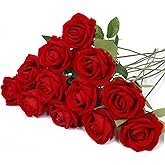 Solivya Red Artificial Rose Flowers, 12 Pcs Silk Roses with Long Stems, Realistic Fake Roses for Wedding Centerpiece Party Home and Office DIY Decor